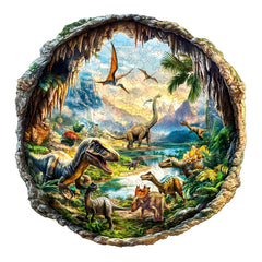 Jurassic Cave Wooden Jigsaw Puzzle Dinosaur Prehistoric Scene Vibrant Colors