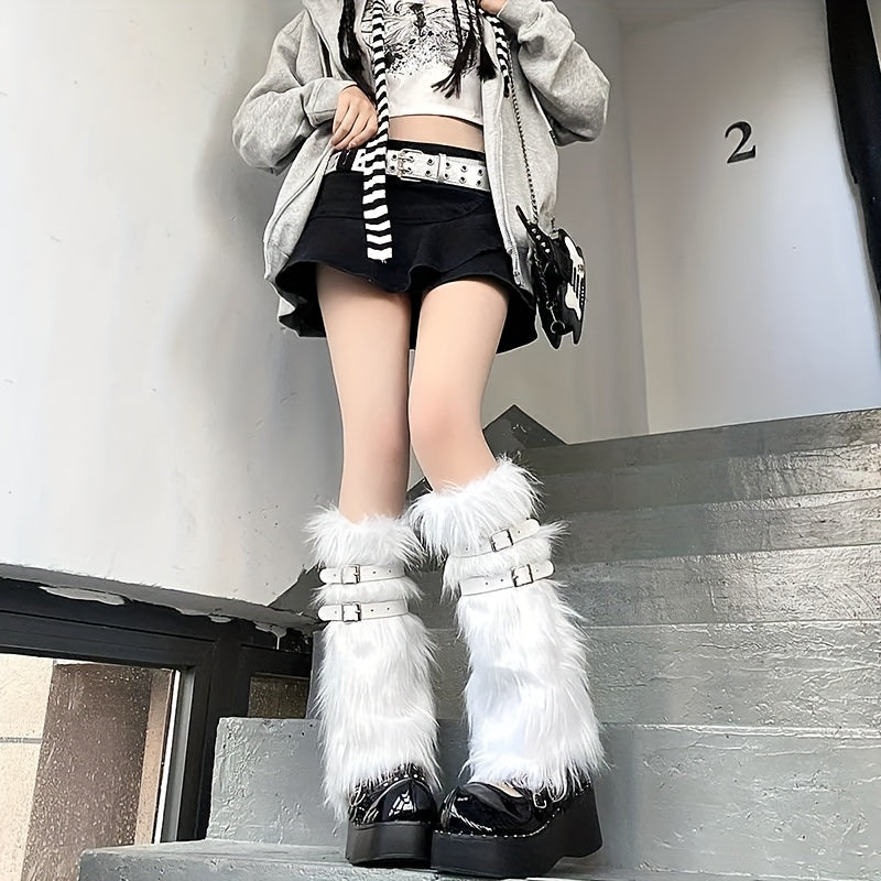 Adjustable Fuzzy Leg Warmers Y2K Knee High Socks Women's Stockings