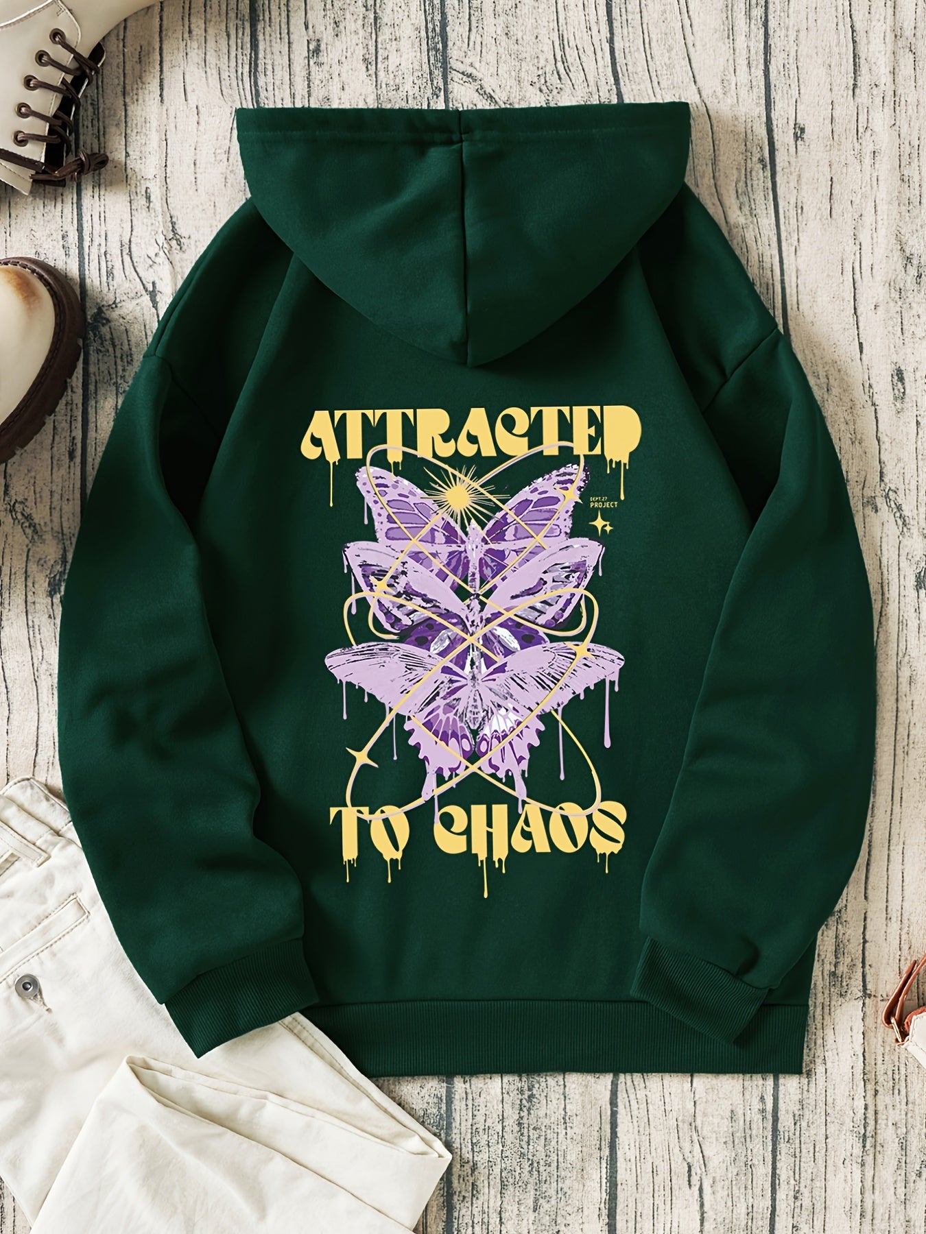 Purple Butterfly Drawstring Hooded Sweater