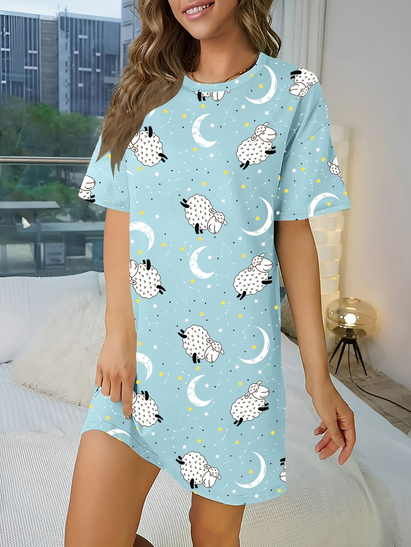Sheep Print NightDress Short Sleeve Pajama Dress