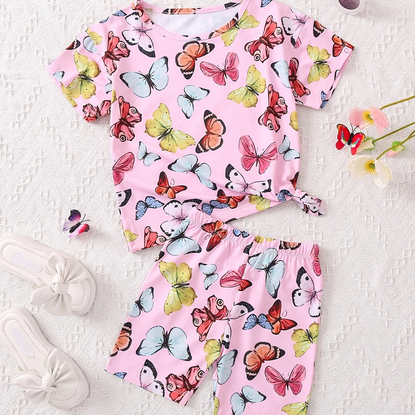 Girls Butterfly Print Tee & Shorts Set - Summer Clothes