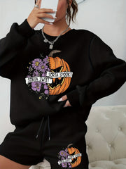 Women's Plus Pumpkin Print Sweatshirt & Shorts 2pcs Set