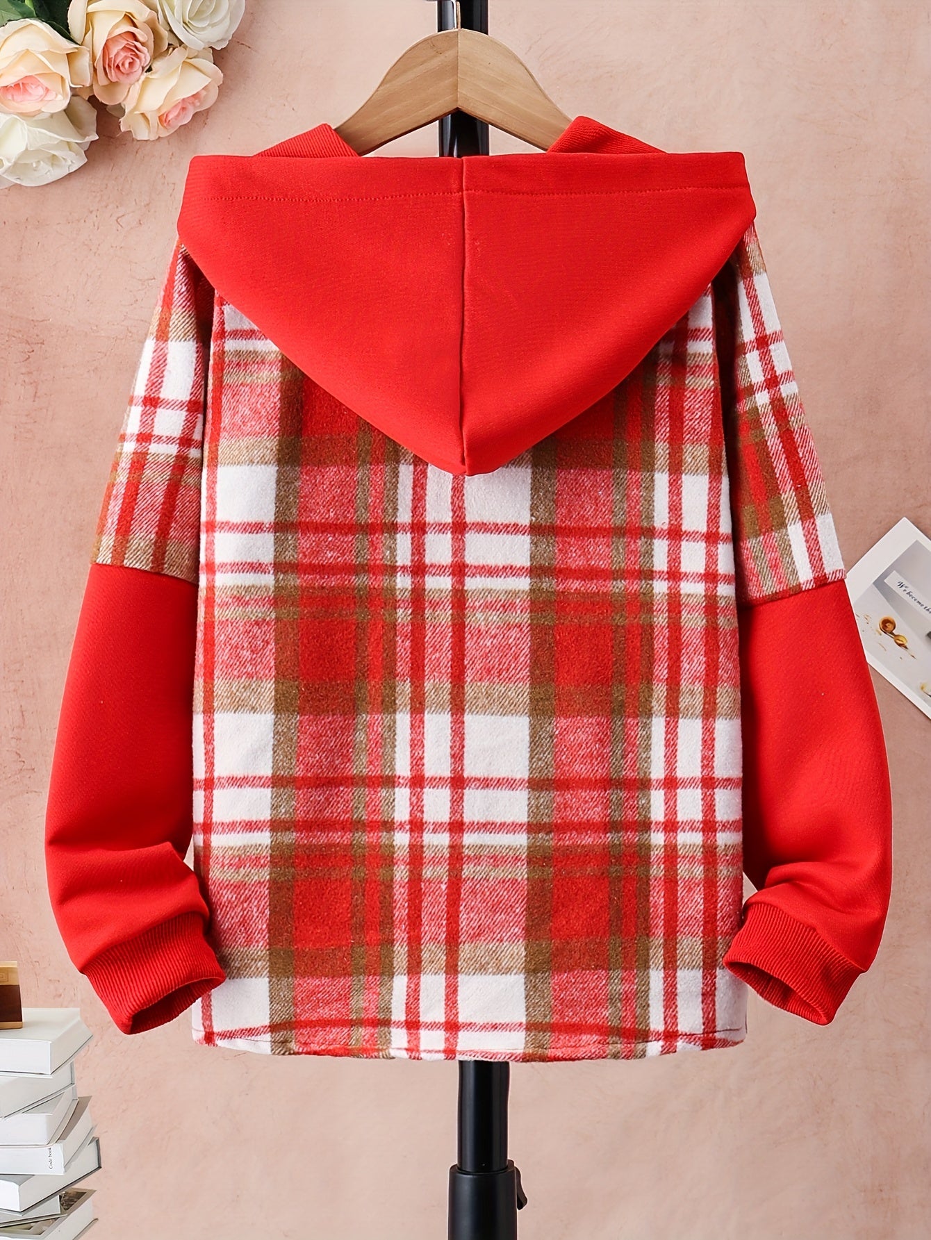 Girls' Classic Hooded Plaid Jacket Long Sleeve Button Up Outwear