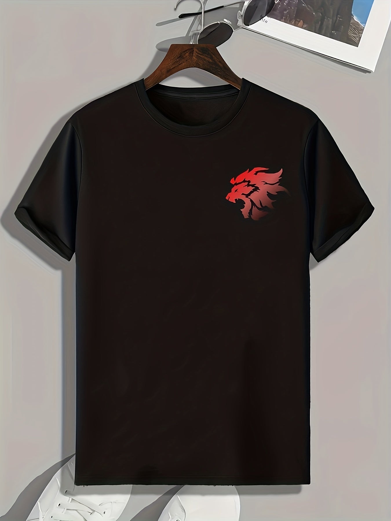 Lion Head Print Men's Comfy T shirt Active Stretch Tee For Summer