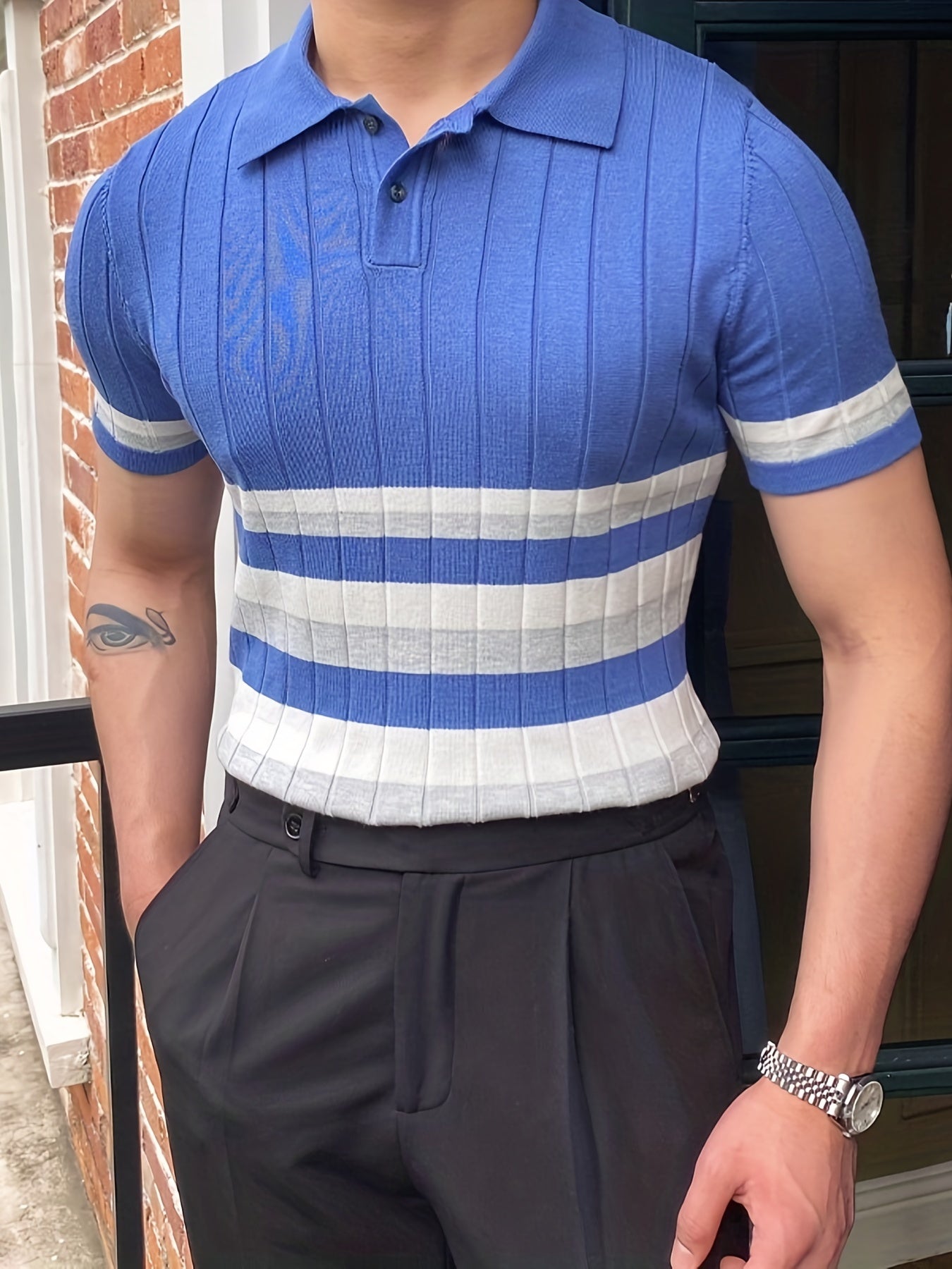 Stripe Pattern Polo Sweater Men's Warm Stretch V Neck Pullover
