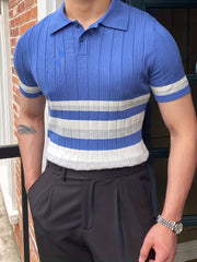 Stripe Pattern Polo Sweater Men's Warm Stretch V Neck Pullover