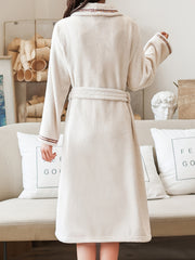 Long Sleeve Fuzzy Lounge Robe V Neck With Pockets & Belt