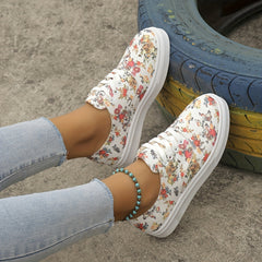 Women's Floral Pattern Lace Up Round Toe Flat Canvas Shoes