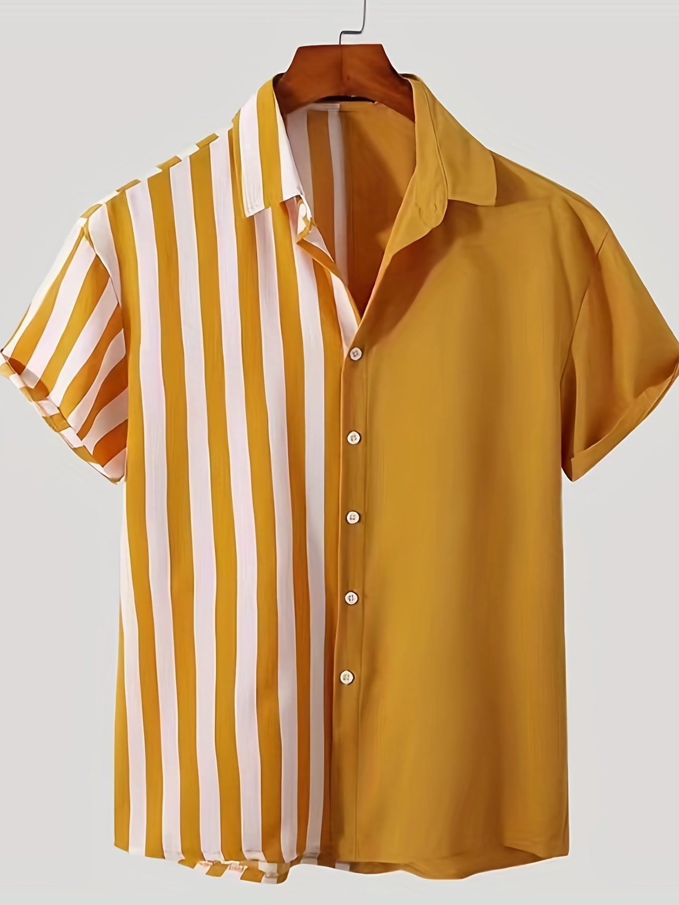 Men s Casual Block Stripe Graphic Short Sleeve Button Down Hawaiian Shirt
