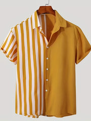 Men s Casual Block Stripe Graphic Short Sleeve Button Down Hawaiian Shirt