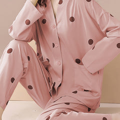 Polka Dot Print Pajama Set Long Sleeve Top & Pants Women's Sleepwear