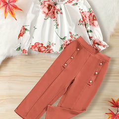 Floral Trumpet Sleeve Shirt & Button Pants Set for Toddler Girl