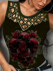 Cutout Flower Print Tank Top Sleeveless Summer Top