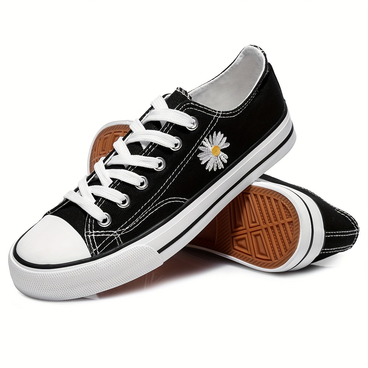 Women's Daisy Embroidered Canvas Sneakers Lace Up Flat Shoes