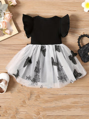 Baby Girls Casual Butterfly Bowknot Decor Mesh Sleeve Dress
