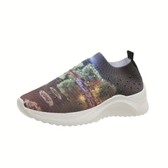 Rhinestone Sock Sneakers Art Printed Slip On Shoes Casual Walking Shoes