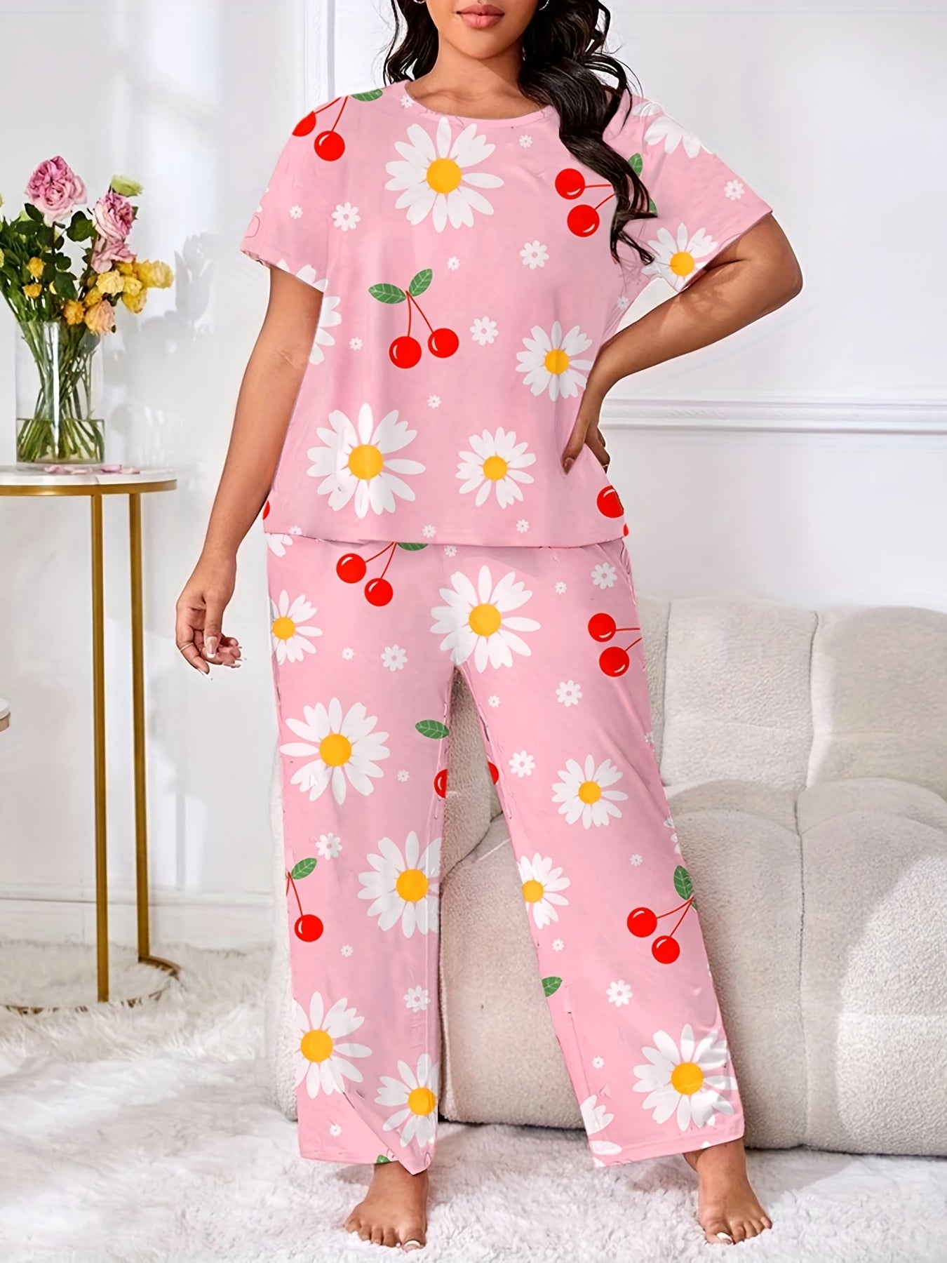 Peach & Stripe Print Two Piece Pajama Set