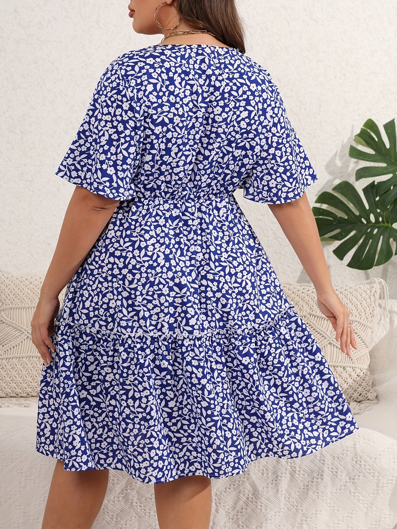 Floral Print Deep V Neck Plus Size Wrap Dress