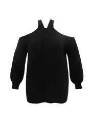 Solid Lantern Sleeve Cold Shoulder Jumper