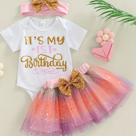 3pcs Baby Girls 1st Birthday Onesie Romper & Skirt Set