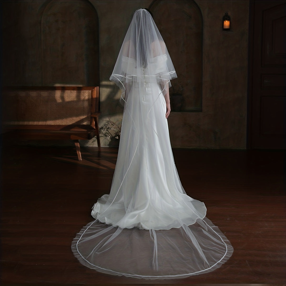 Double Layer Bridal Head Veil with Comb and Satin Edge