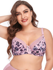 Contrast Lace Floral Print Sheer Underwire Bra Plus Size Full Coverage Bralette