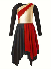 Girls Splicing Crew Neck Long Sleeve Dance Dress