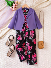 Girl's Blazer & Floral Overalls Set for Spring Summer