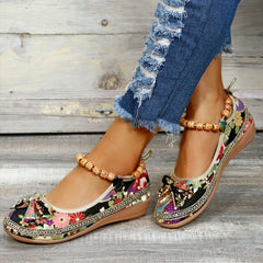 Floral Print Flat Shoes Ankle Strap Slip On Casual Walking Shoes