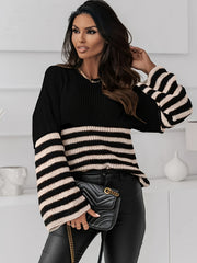 Casual Sweater Women's Plus Stripe Print Long Sleeve