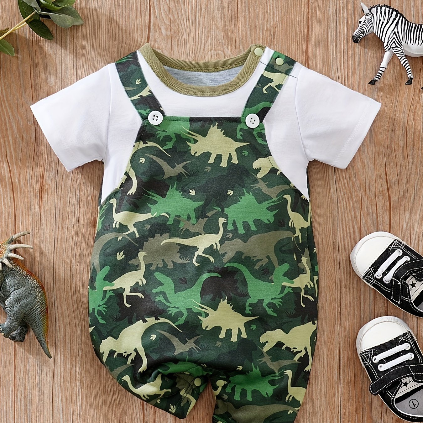 Baby Boys Short Sleeve Jumpsuit with Dinosaur Graphic
