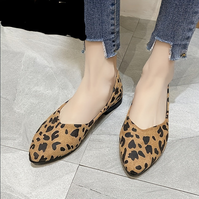 Leopard Print Ballet Flats Pointed Toe Soft Sole Micro Suede Shoes