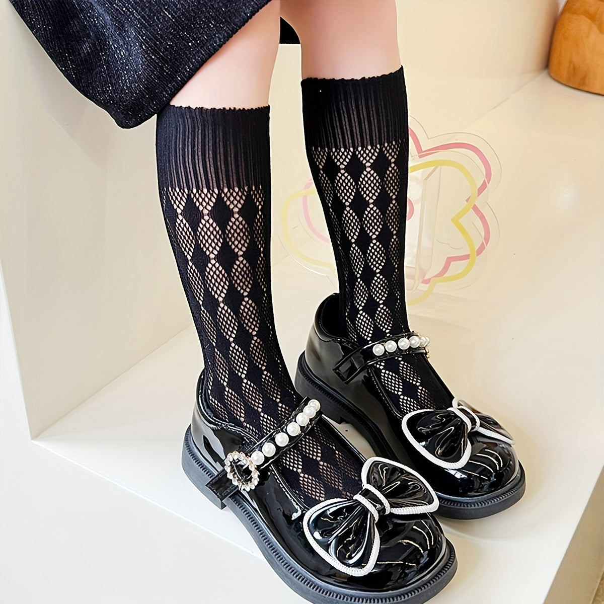 Girls Cotton Blend Argyle Pattern Knee High Stockings Mid Tube Straight Socks