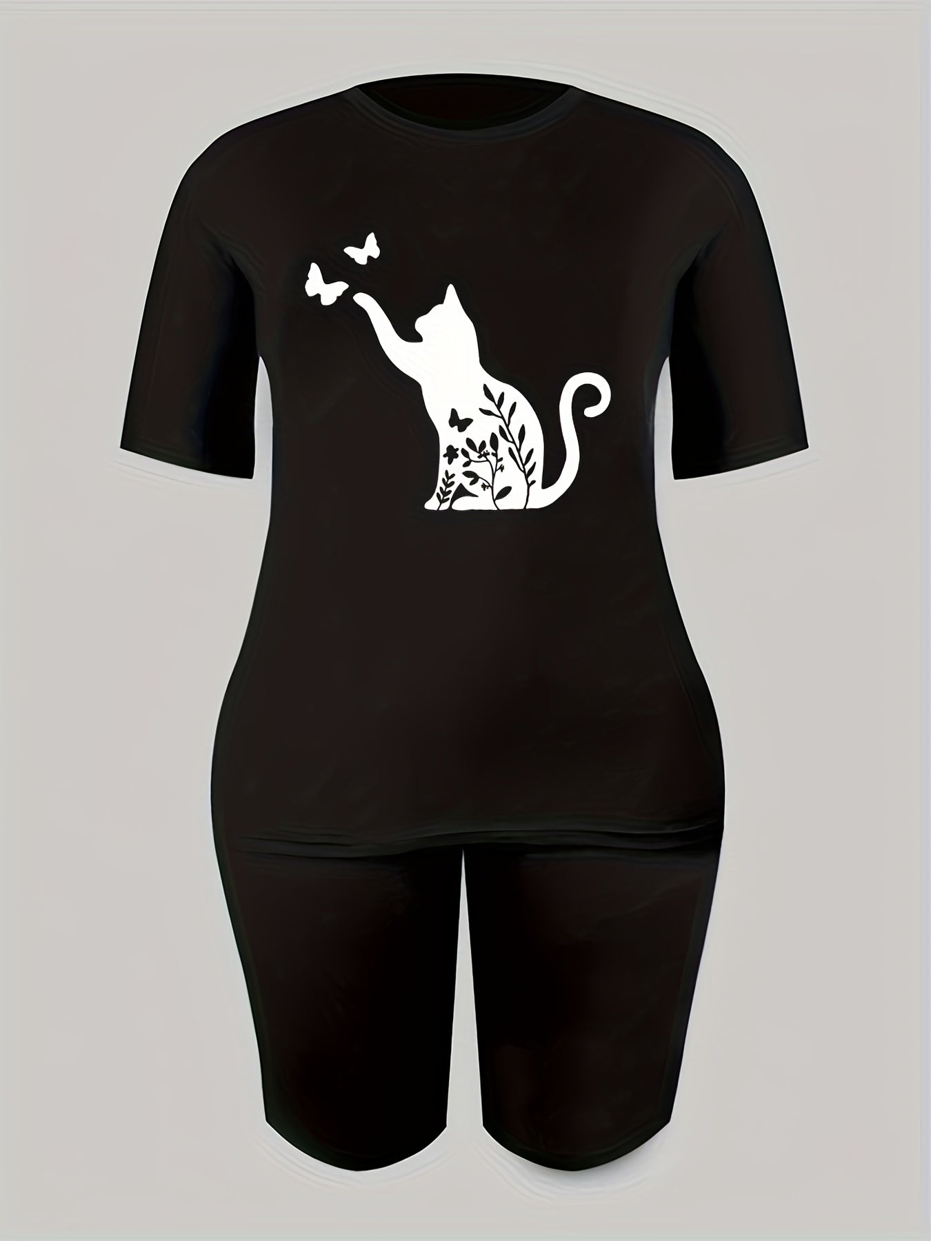 2pcs Butterfly Cat Graphic T shirts & Shorts Women's Activewear