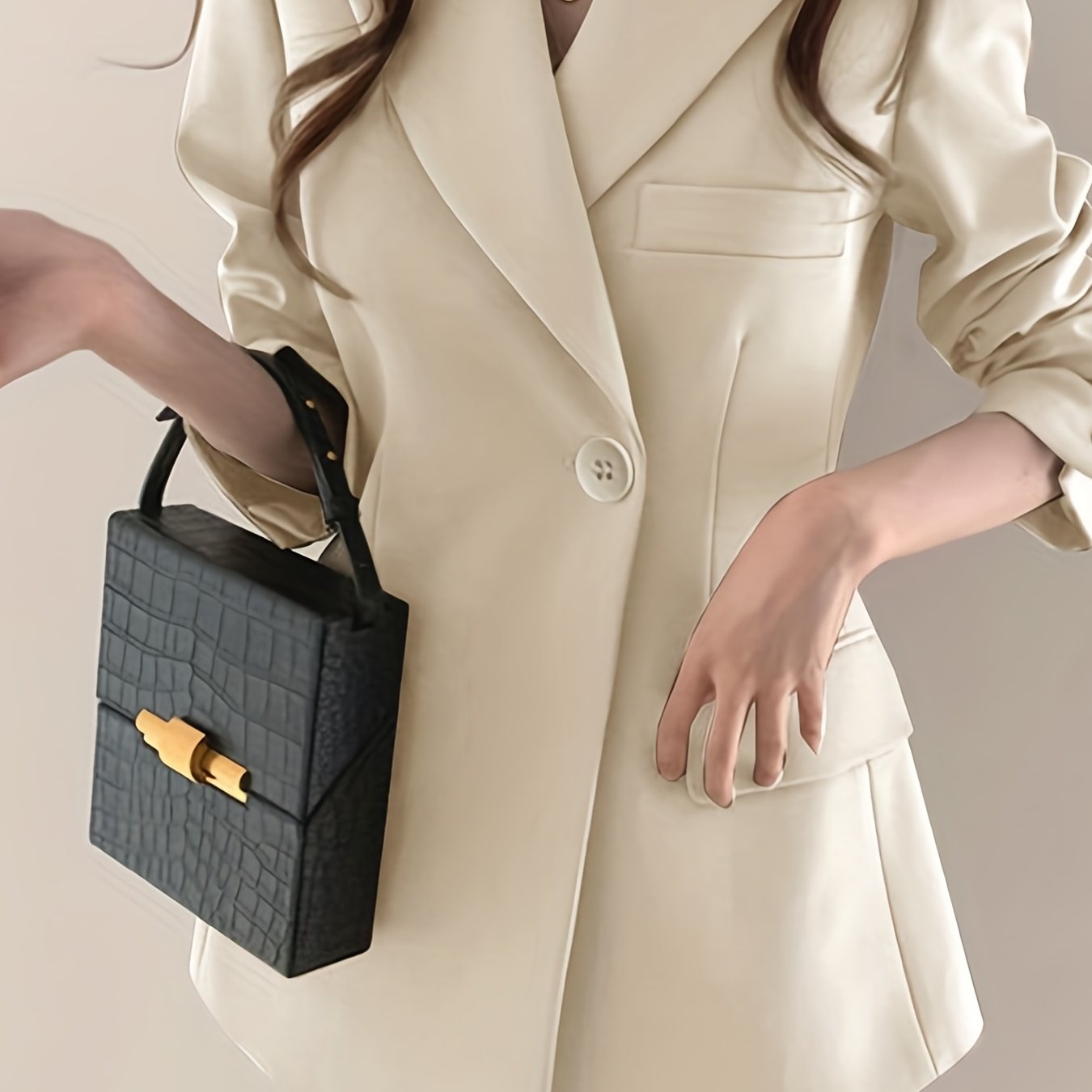 Solid Button Front Lapel Blazer Long Sleeve Pockets Blazer