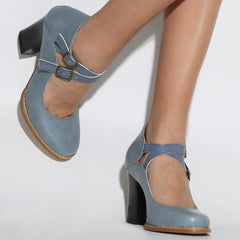 Solid Point Toe Double Strap Chunky Heel Shoes Comfy Dress Shoes