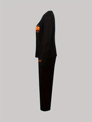Halloween Pattern Lounge Set Long Sleeve Crew Neck Top & Elastic Waistband Pants