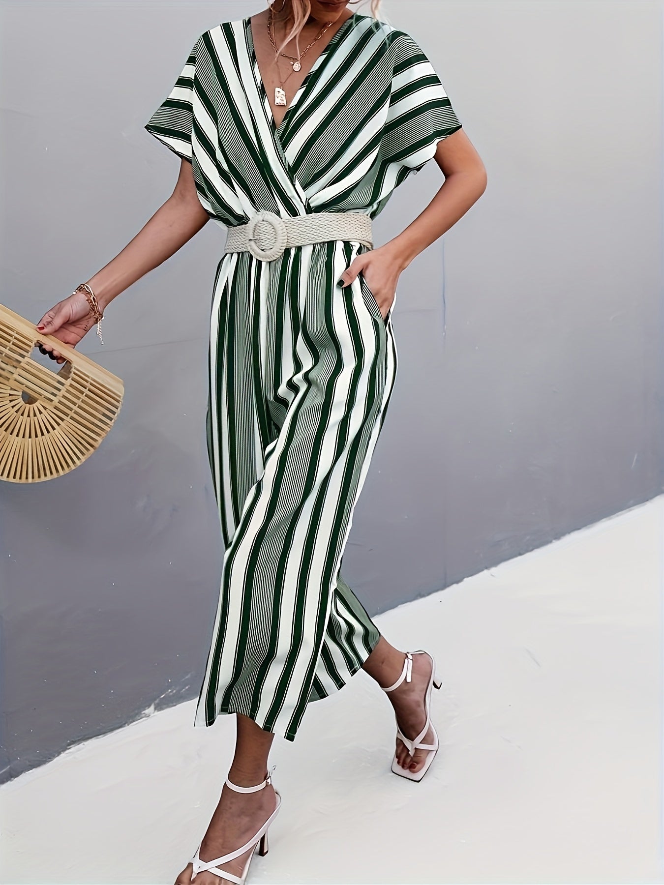 Striped Surplice Neck Belted Jumpsuit Casual Batwing Sleeve Jumpsuit
