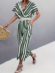 Striped Surplice Neck Belted Jumpsuit Casual Batwing Sleeve Jumpsuit