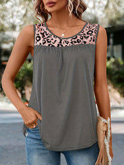 Leopard Splicing Tank Top Crew Neck Sleeveless Summer Tank Top
