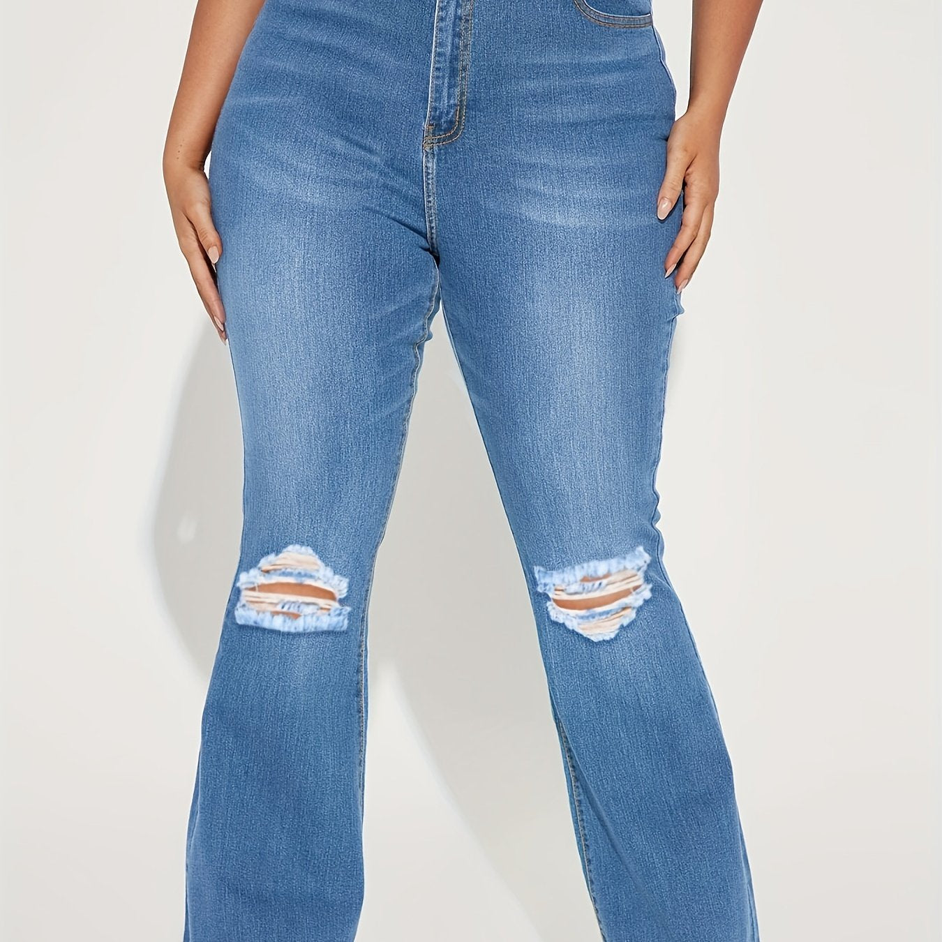Solid Flared Leg Jeans Plus Size Ripped Fringe Trim Button Fly