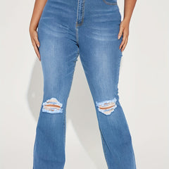 Solid Flared Leg Jeans Plus Size Ripped Fringe Trim Button Fly