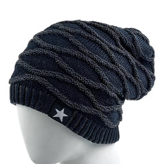 Striped Knitted Hat Men's Women's Plus Velvet Thickened Five star Woolen Hat
