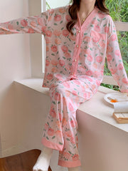 Floral Print Pajama Set Long Sleeve Top & Pants Women's Sleepwear