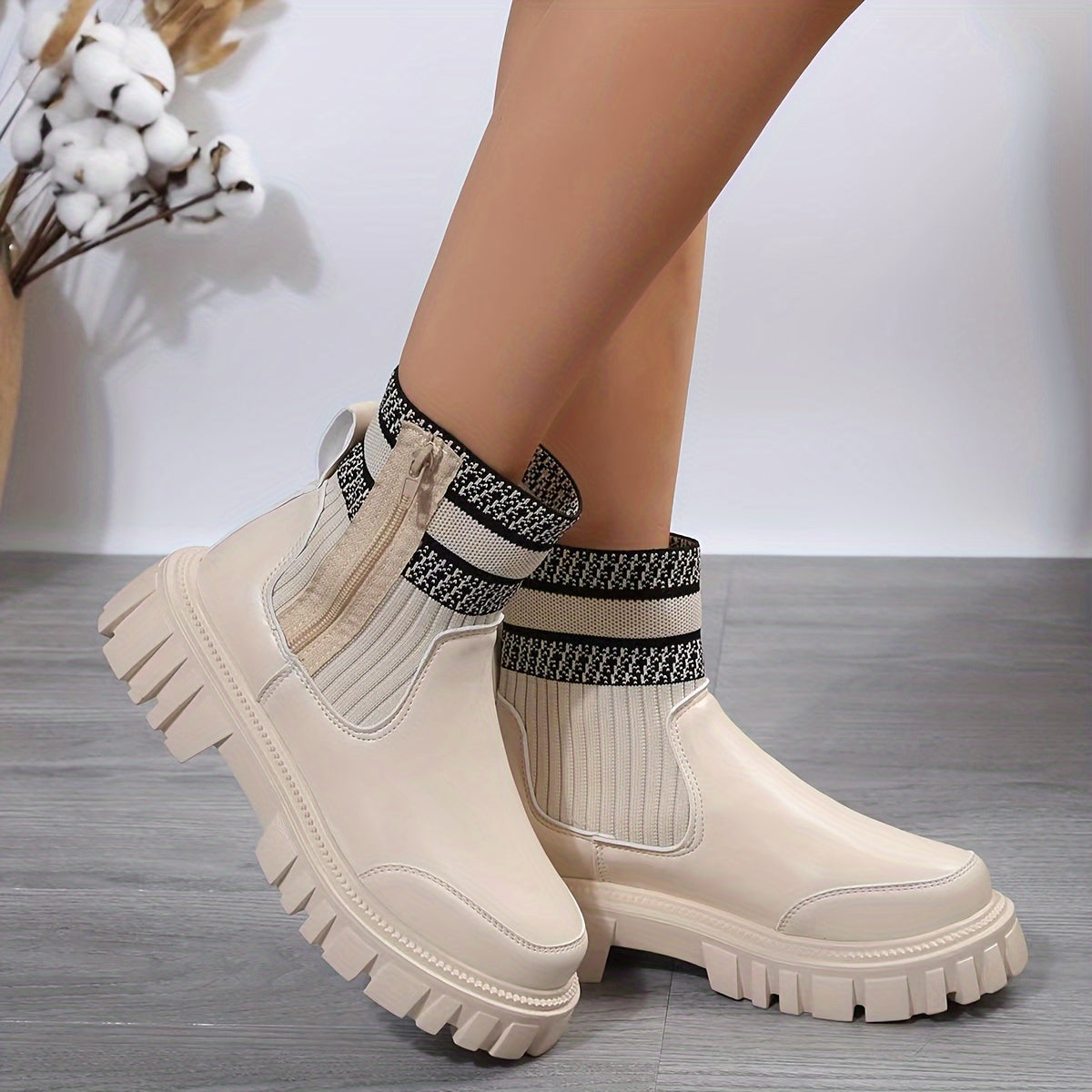 Women's Thermal Snow Boots Elastic Slip On Side Zipper Flat Ankle Boots