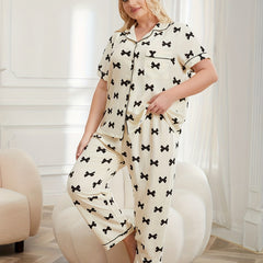Bow Knot Print Pajama Set Short Sleeve Shirt & Pants