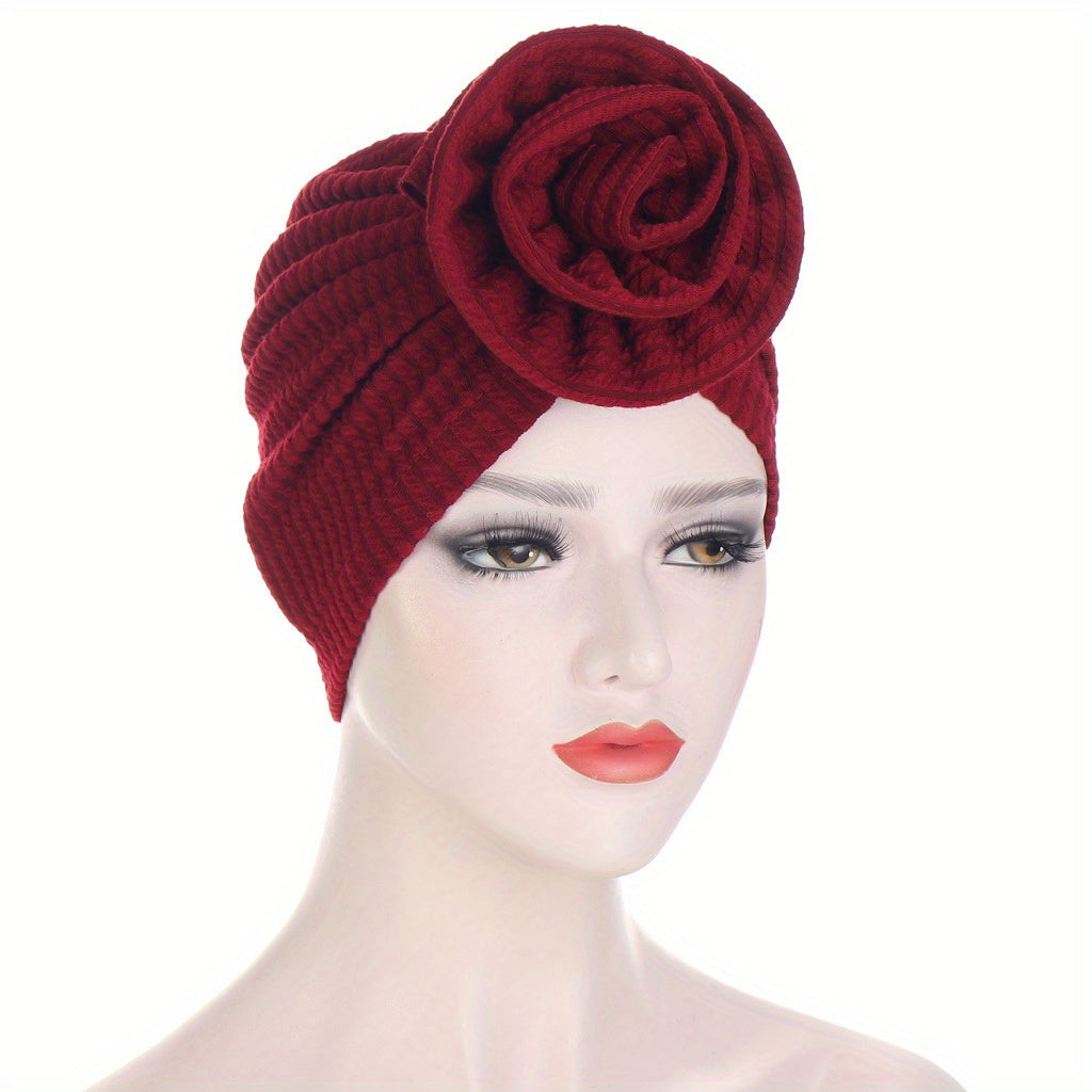 Embossed Plate Flower Turban Cap Vintage Elastic Head Wrap