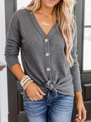Solid Button Up Long Sleeve V Neck Cardigan