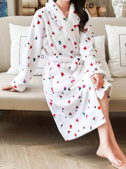 Heart Print Fuzzy Night Robe Long Sleeve Robe Women's Sleepwear