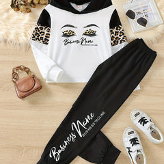 Girls Leopard Print Eyelashes Hoodie & Trousers Set